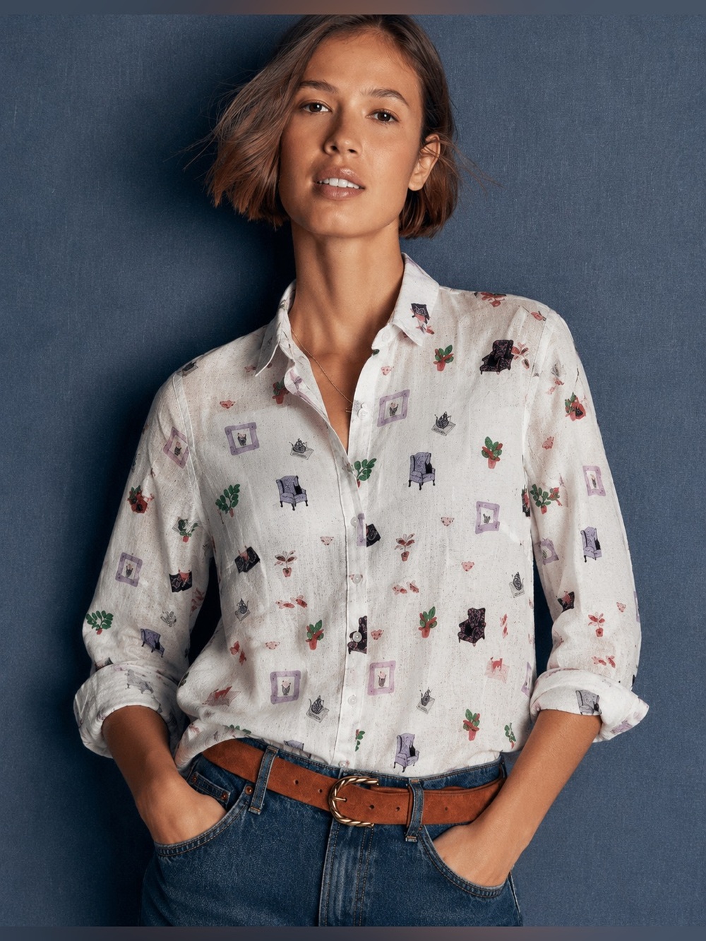 White Stuff Cat Print Long Sleeve Button Down Shirt Collared Top Size 8 *760